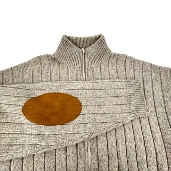Orvis Mens Rib Stitch Sweater XL Beige Zip Front Wool Blend Elbow Patch Jacket - Picture 1 of 8
